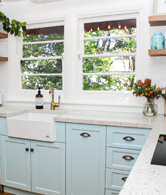 Elegant Katoomba kitchen designed by Terrace Joinery, exemplifying designing spaces with bespoke cabinetry adorned with Castella fine handles